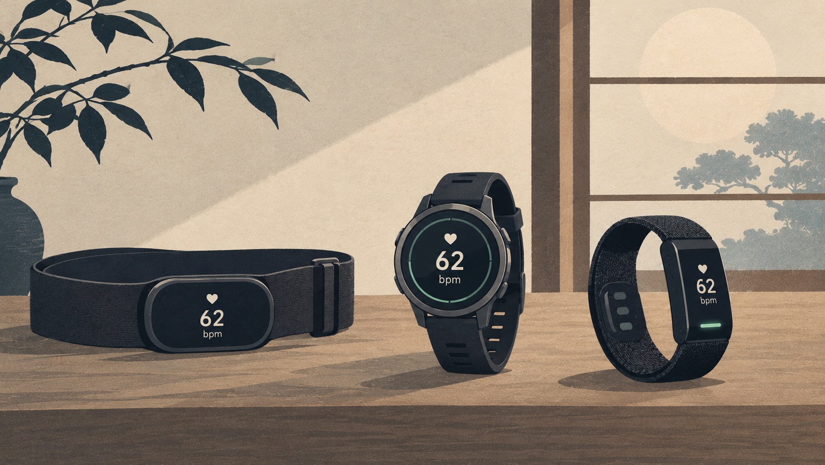 Illustration of a chest strap, a sports watch and a wrist band on a wooden table, each showing a heart rate of 62 bpm.